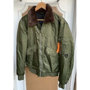 Decibel Mens Bomber Jacket Full Zip Quilted Lining Fur Collar Olive Green Small